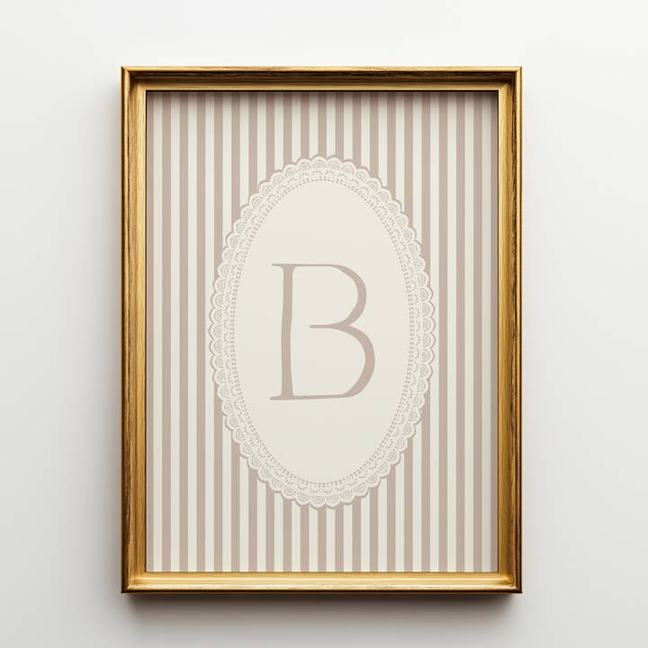 Pink Stripe Initial Wall Art | Letter 'B' Monogram Print for wholesale by Paperly Creative Co