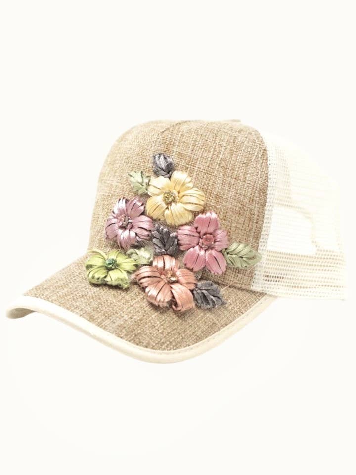 Floral Bouquet Bejeweled Bling Glitz Two Toned Trucker Cap, Adjustable for wholesale by Olive & Pique