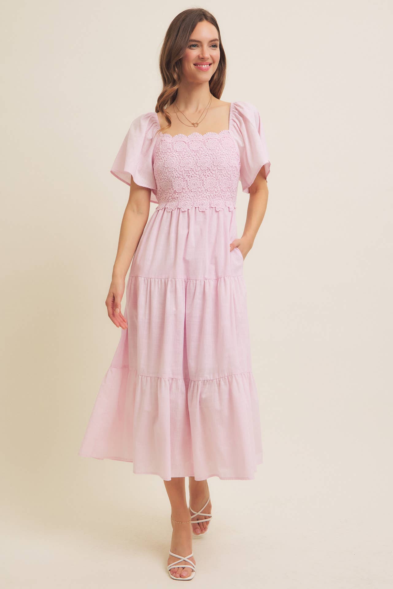 in february - Wholesale Dress - Women's - ESSENCE OF FALL TIERED CROCHET MIDI DRESS WITH FLUTTER SLVS14