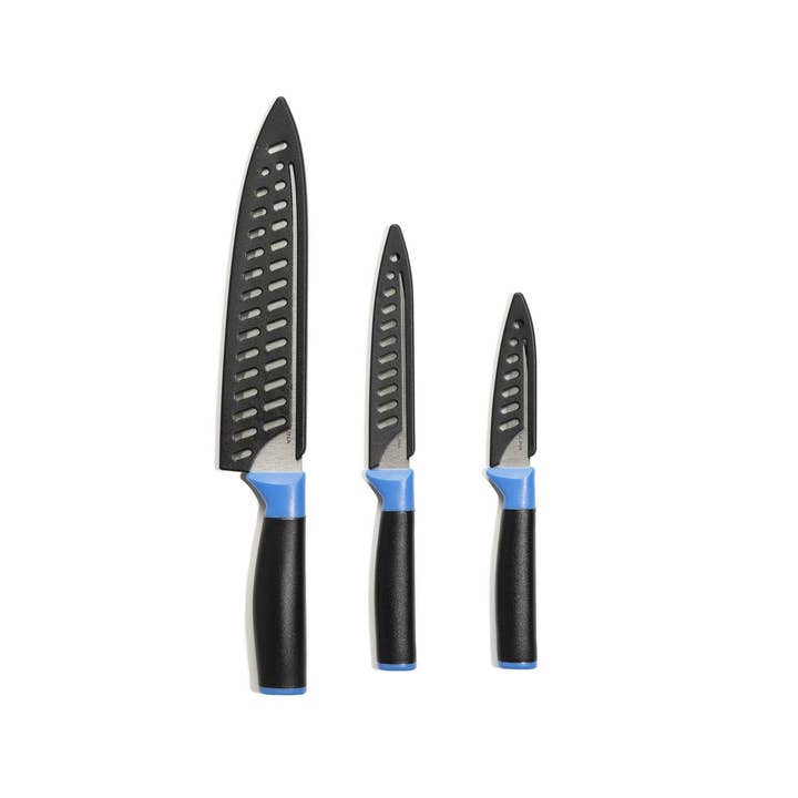 Dura Living LLC - Wholesale Knife Set - Duo-Grip 3 Piece Kitchen Knife Set With Blade Guards, Blue