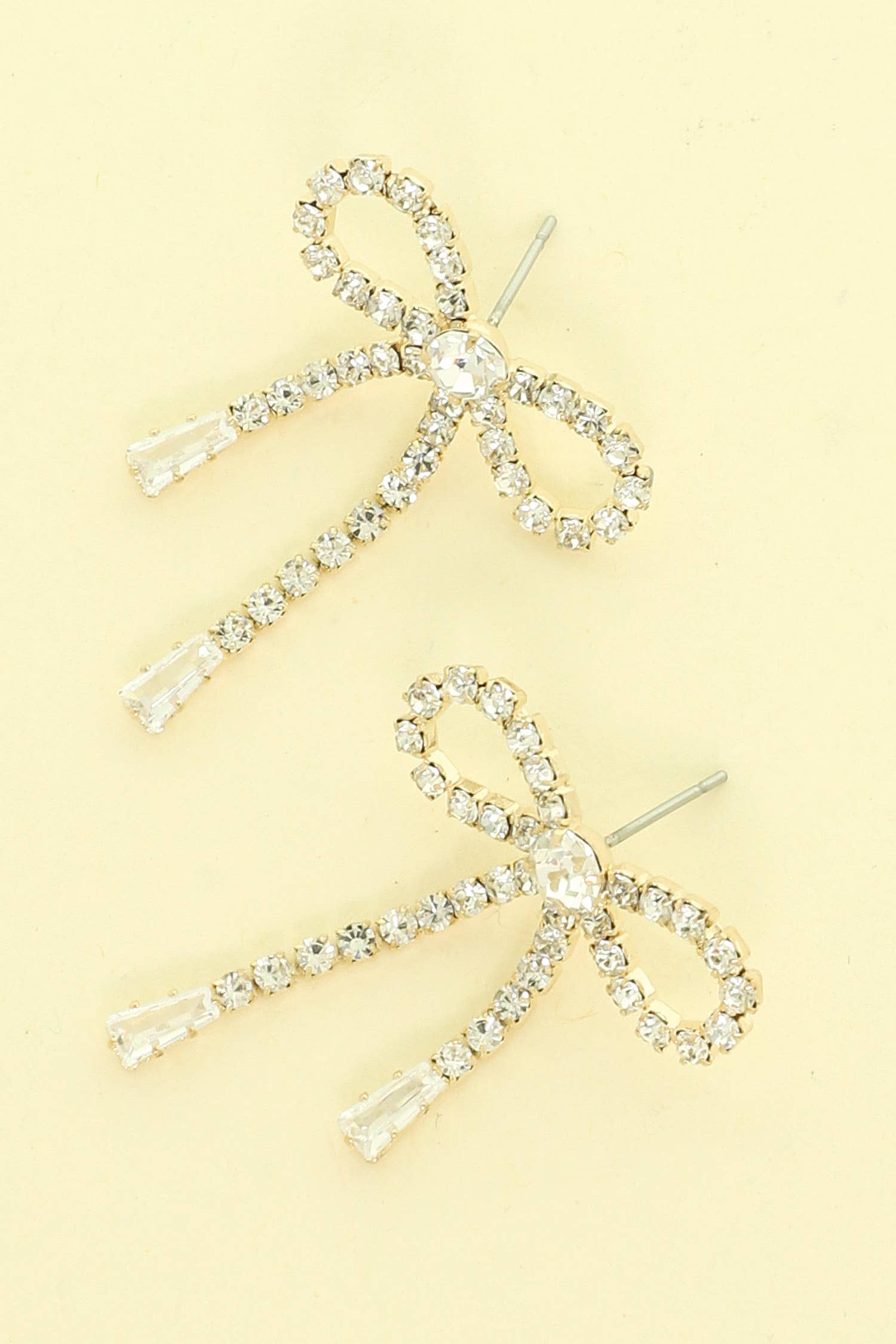 SP Sophia Collection - Wholesale Dangle Earrings - Baguette Cut Cubic Zirconia Long Tail Bow Dangle Earrings