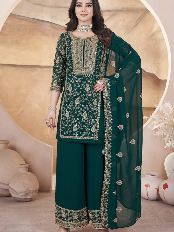 Traje de Plazo de Georgette Verde Oscuro para Bodas Indias y Festival Pakistaní - Trabajo de Bordado con Lentejuelas para venta al por mayor de HATKE BRIDE
