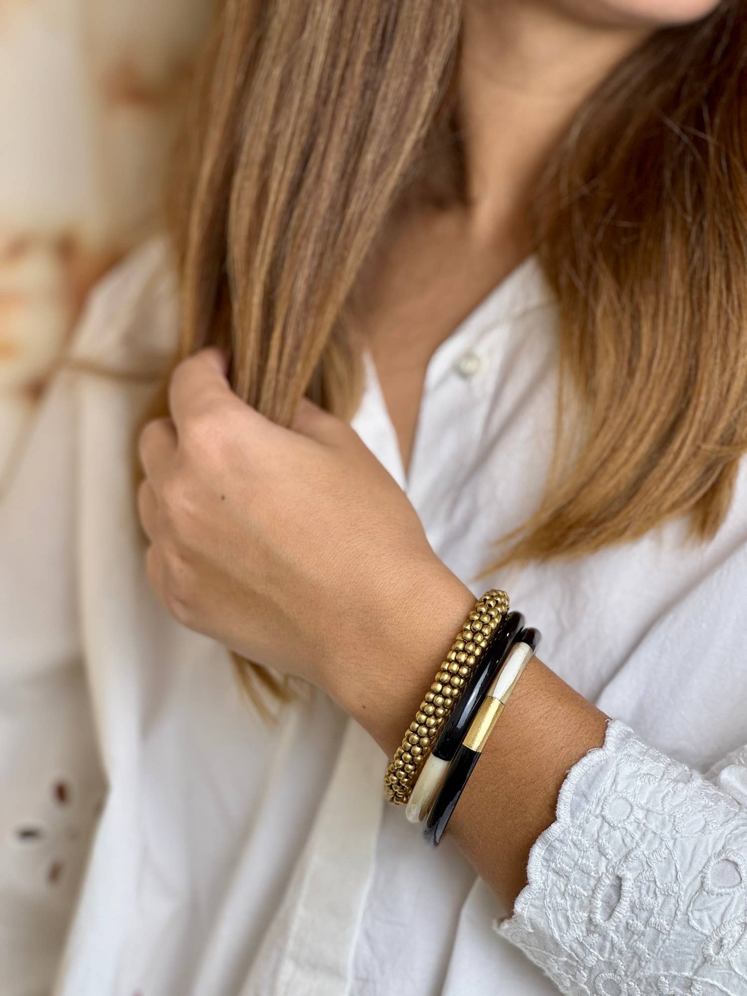 MAISON KIZO - Vente Bracelet jonc - Jonc laqué en corne de buffle Multicolore Noir Doré2