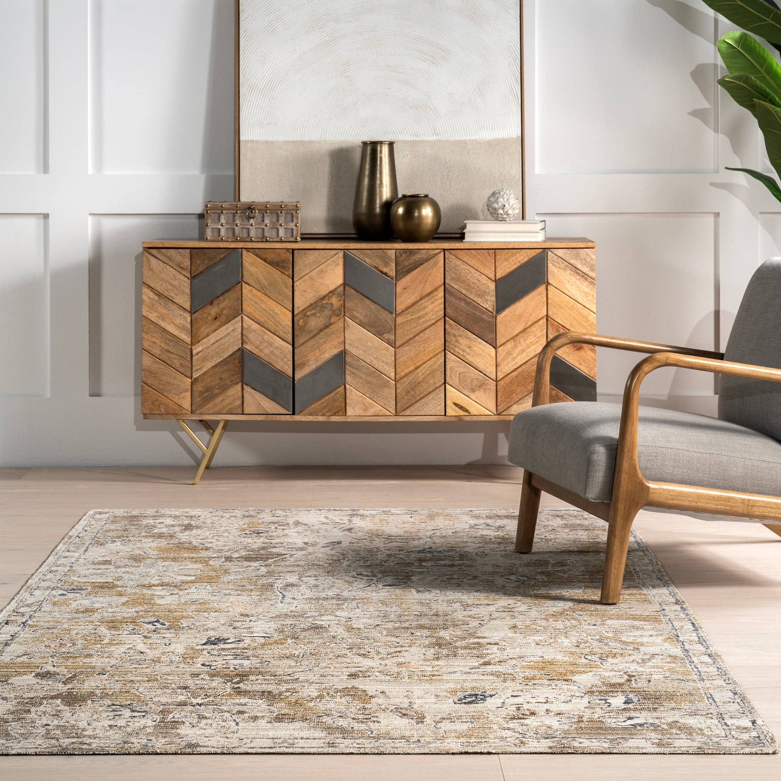 Beige Zenni Vintage Floral Indoor/Outdoor Machine Washable Area Rug for wholesale on Faire6