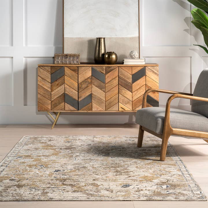 Beige Zenni Vintage Floral Indoor/Outdoor Machine Washable Area Rug for wholesale on Faire6