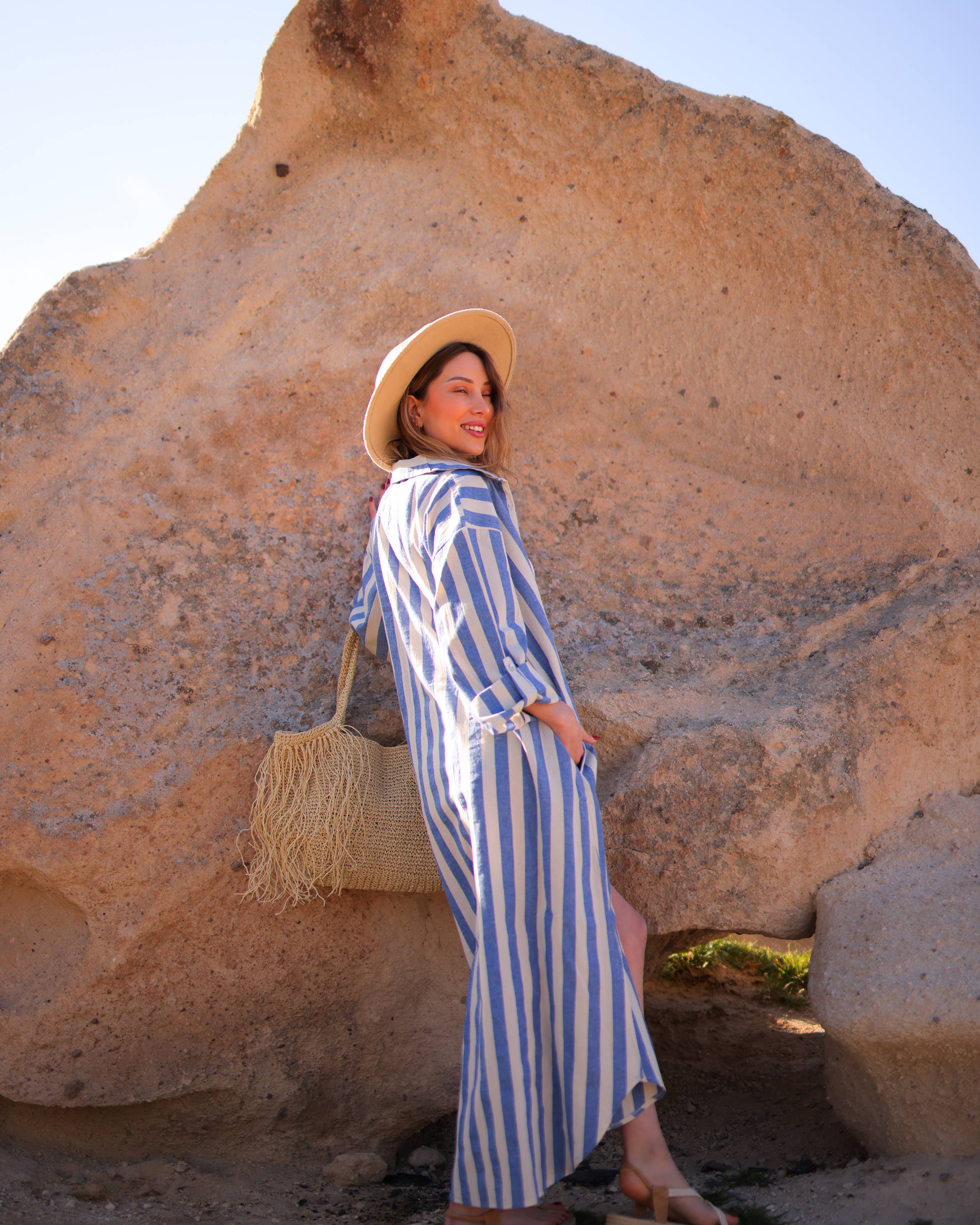 Moa - Wholesale Dress - Women's - Anthracite Striped Long Linen Shirt Dress4