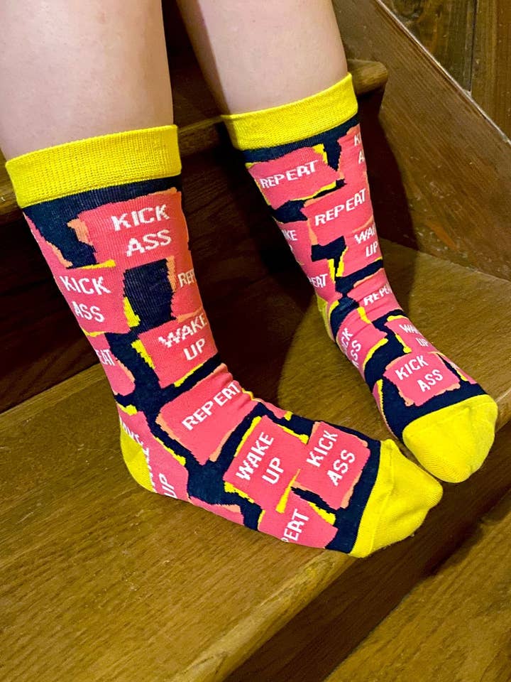 Fabdaz - Wholesale Socks - Women's - Wake Up Kick Ass Repeat Women's Crew Socks