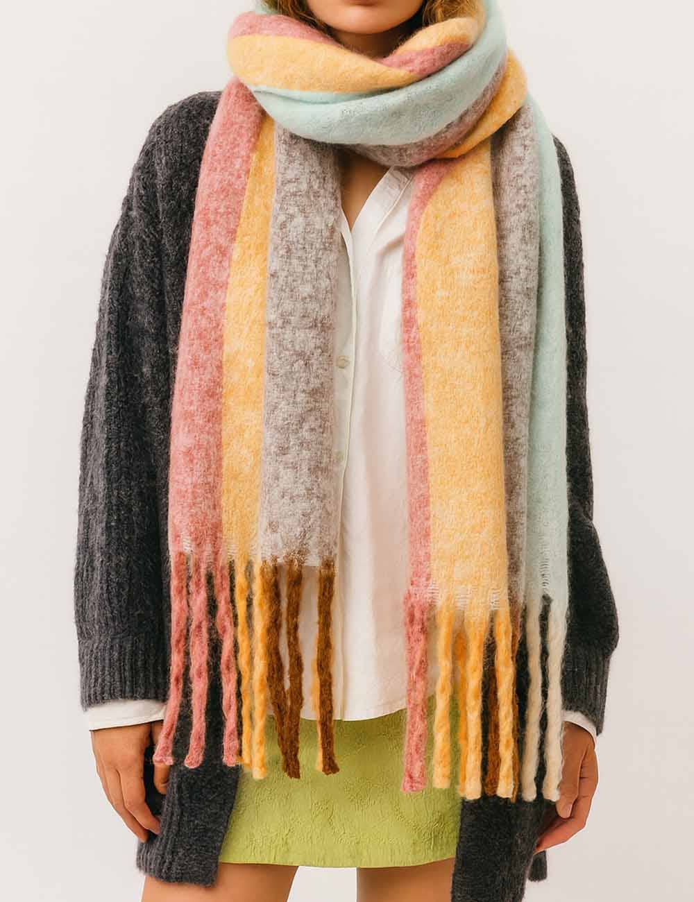 Sweetkama - Wholesale Scarf - Women's - Ladies Color Block Fringe Knit Scarf1