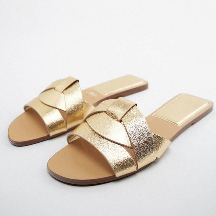 Blak Wardrob - Wholesale Sandals - Women's - Women Gold Flat Sandals Criss-Cross Leather