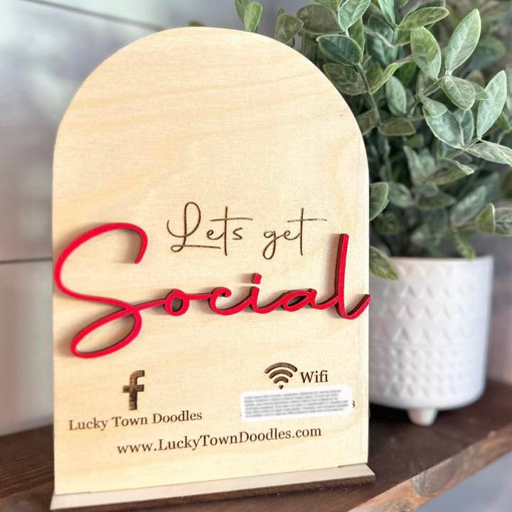 Walnut + Birch - Wholesale Sign - Let's get social - Social Media Board for Checkout Stand