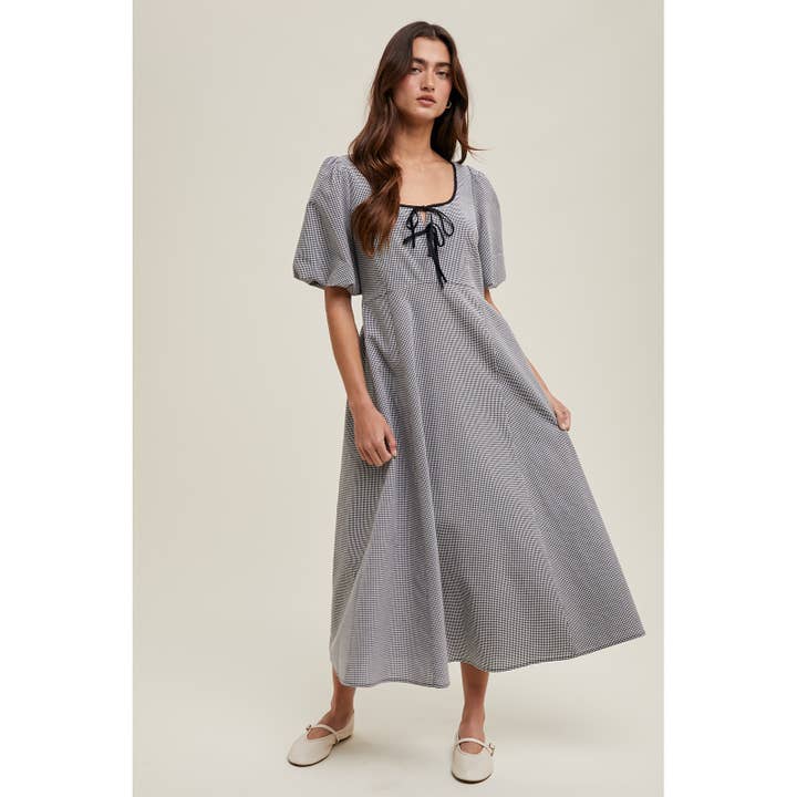 BLACK WHITE GINGHAM BOW DETAIL MIDI DRESS / WL25-10481 for wholesale on Faire