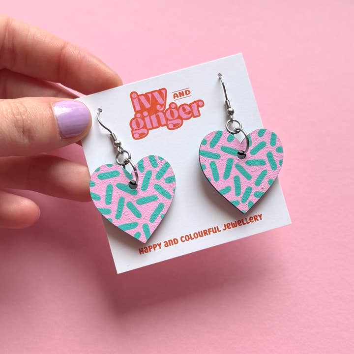 Large pink and mint dash print heart shaped dangle earrings and other Purchase wholesale heart shaped mints. Free returns & net 60 terms on Faire trending on Faire.
