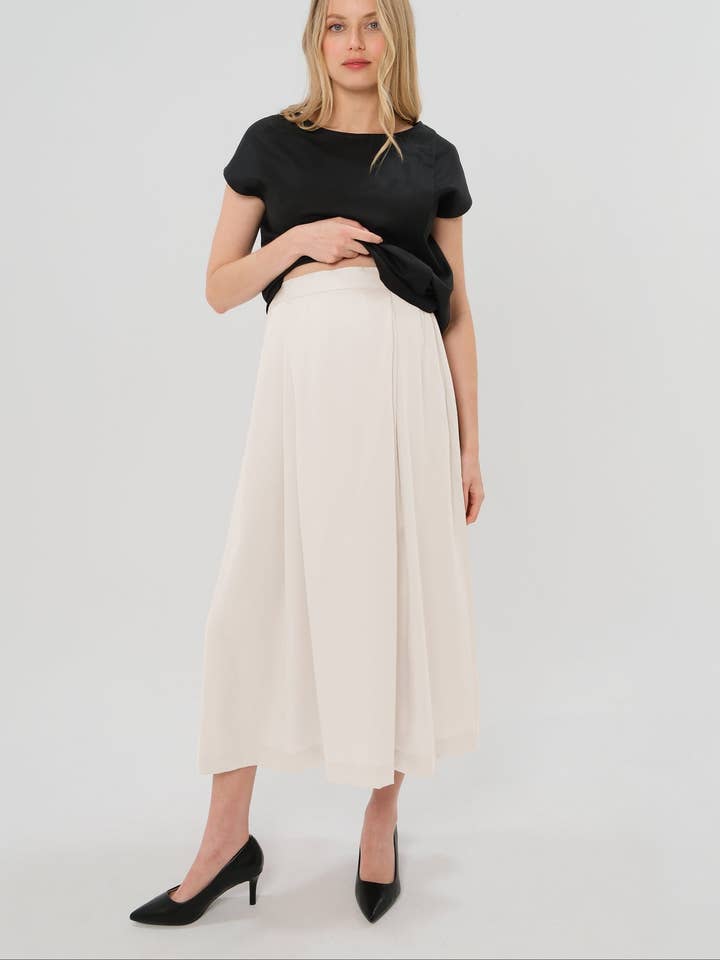 Over-Under Bump Pleated Maternity Maxi Skirt in Cream Satin for wholesale by MARION