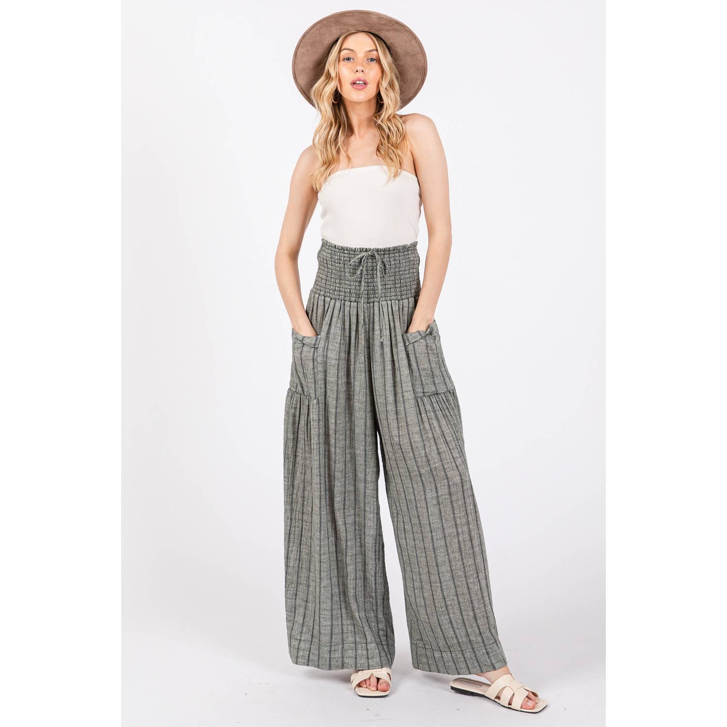 Sage + Fig - Wholesale Pants - Women's - STRIPED SMOCKED BOHO COTTON GAUZE PANTS (SP7105-A)3
