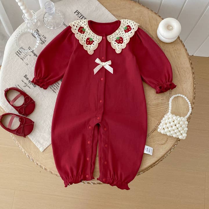 Autumn Arrival Baby Girls Long Sleeves Strawberry Embroidered Pattern Single Breasted Rompers for wholesale by MyKids-USA®