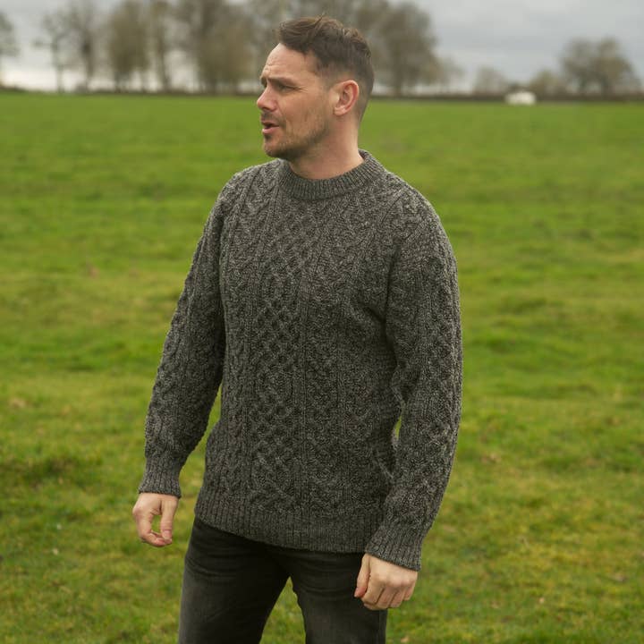 Mars Knitwear - Wholesale Knit Sweater - Unisex - British Wool Aran Cable Jumper - Grey Tweed