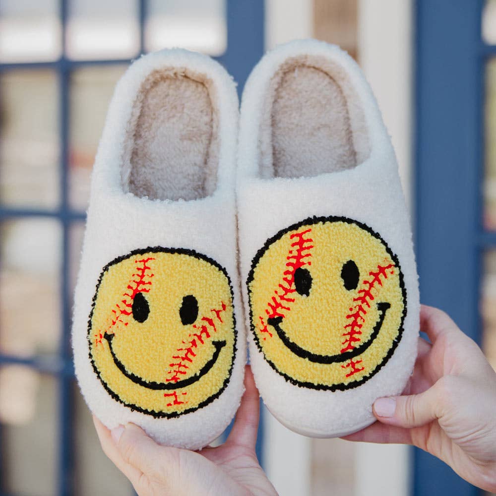 White Softball Happy Face Women's Slippers for wholesale on Faire2