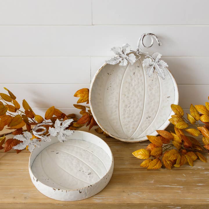 Trays - Pumpkin Shaped, Distressed White (Set Of 02) for wholesale by Audrey's Home & Gift