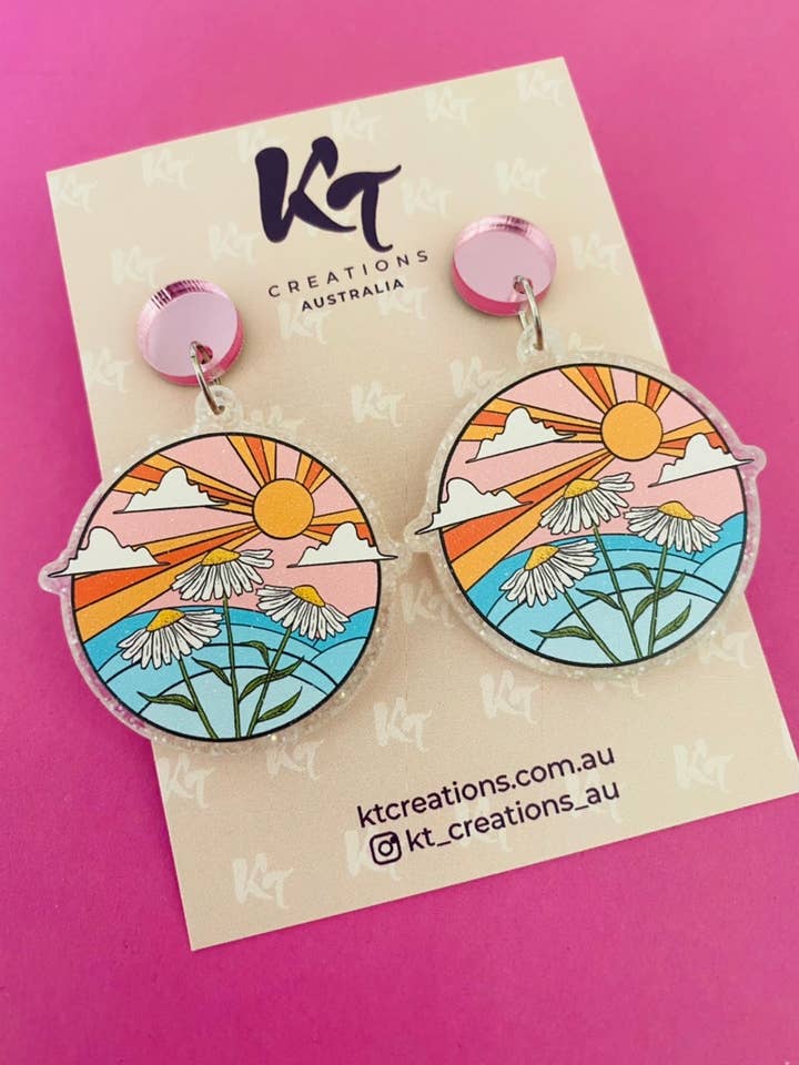 Sunrise daisy retro printed acrylic dangles for wholesale by KT Creations Australia