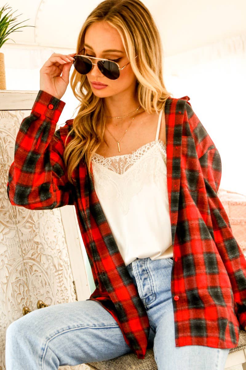 Vine & Love – wholesale Buttoned-down shirt – Women's – Checker Yarn Dye Plaid Print Shirt Top VT604555