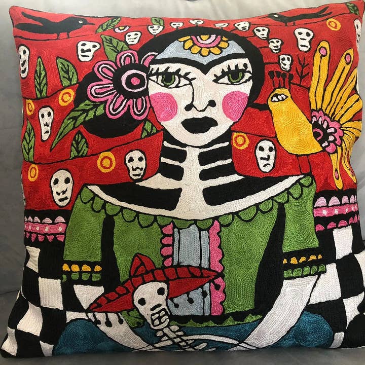 Hand-Embroidered Frida Kahlo Cushion Cover – Día de los Muer for wholesale by salty cactus