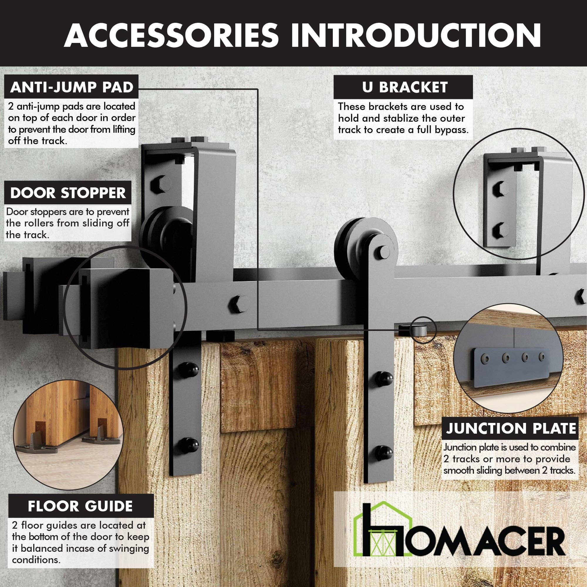 Homacer INC - Wholesale Knob/Pull - Double Track U-Shape Bypass Sliding Barn Door Hardware Kit - Straight Design Roller5