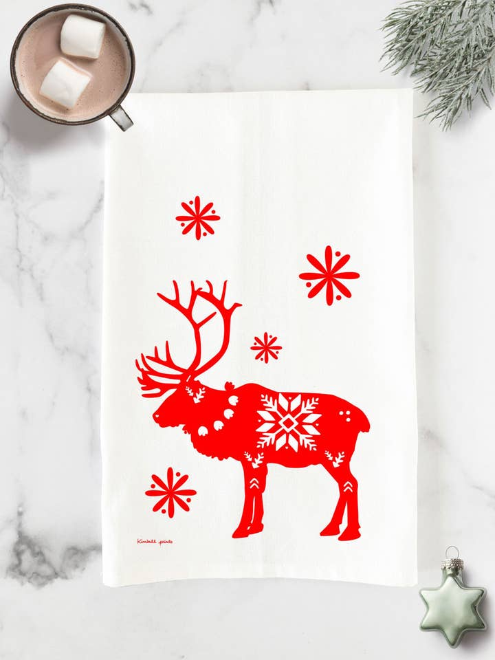 Pano de Cozinha de Algodão com Rena Vermelha Neve | Coleção de Férias por atacado de Kimball Prints
