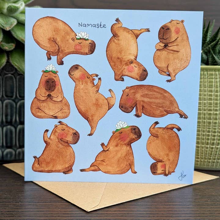 Yoga Capybara greeting card, Namaste card, Any occasion card for wholesale by Hes Designs