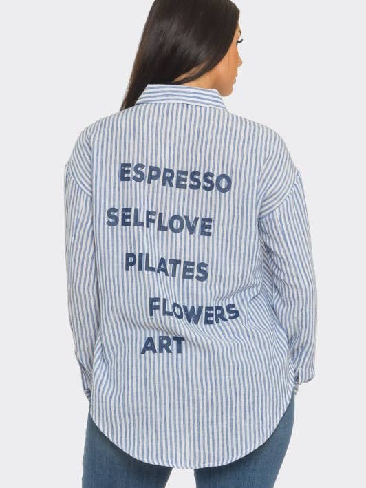 Stripe Front Button Down Back Screen Print Top for wholesale by New Trend On