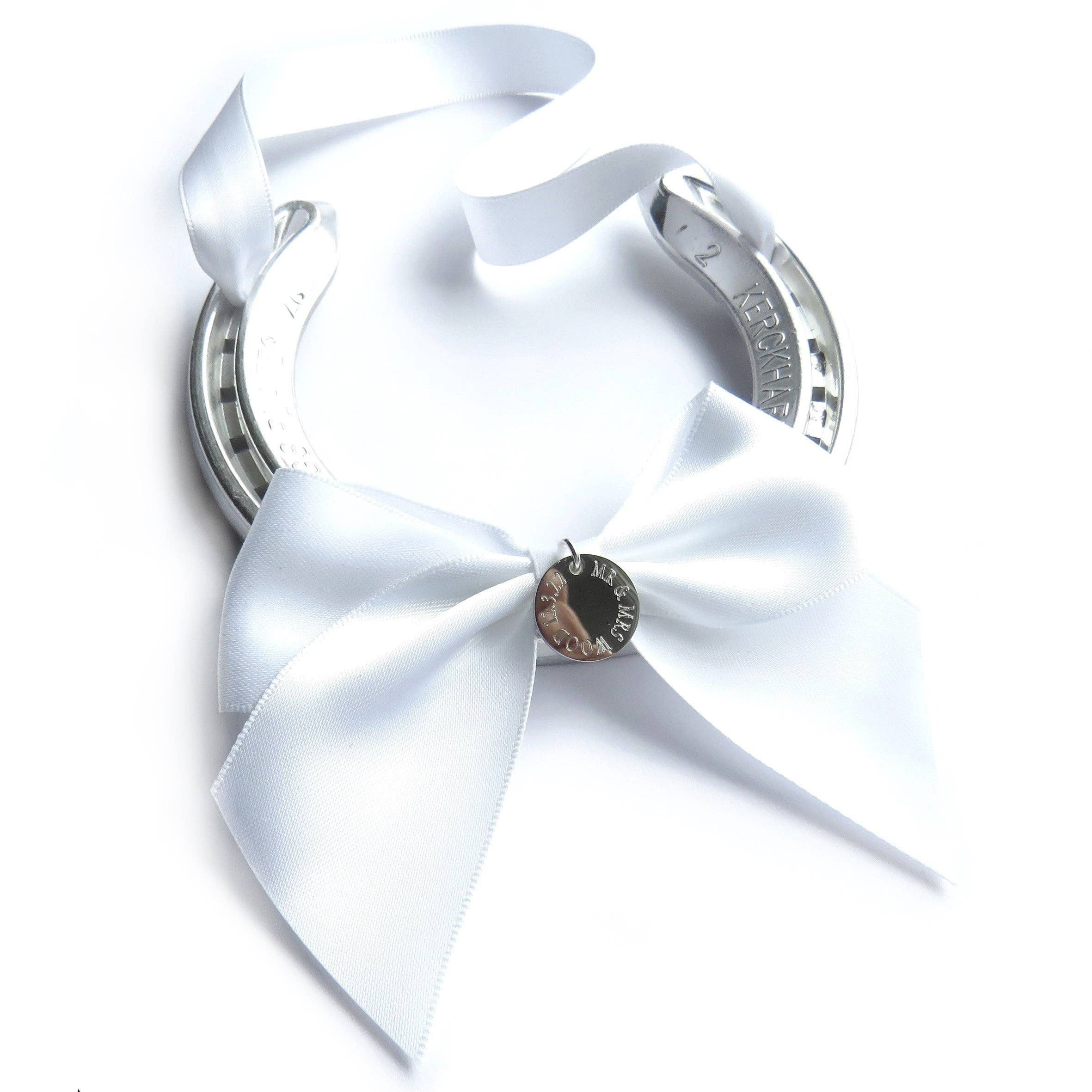 Aye Do Gifts - Wholesale Wedding Card - Personalised Wedding Horseshoe: Engraved Good Luck Charm, White Satin Ribbon3