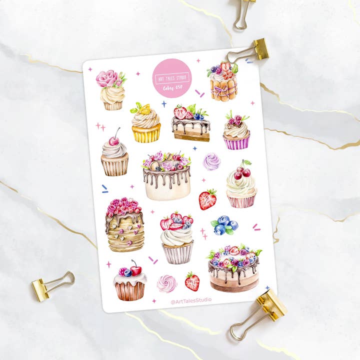 Adesivi per torte, adesivi per cupcake, fogli adesivi per panetteria, adesivi per alimenti, dolci, pasticceria, dessert, torta di compleanno, cottura, adesivi per pianificatori, bujo per la vendita all'ingrosso da parte di Art Tales Studio