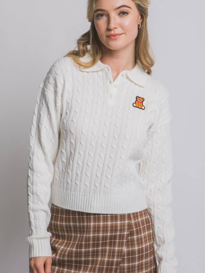 PL8758 - CABLE KNIT TEDDY BEAR POLO SWEATER for wholesale by Peace Love Line