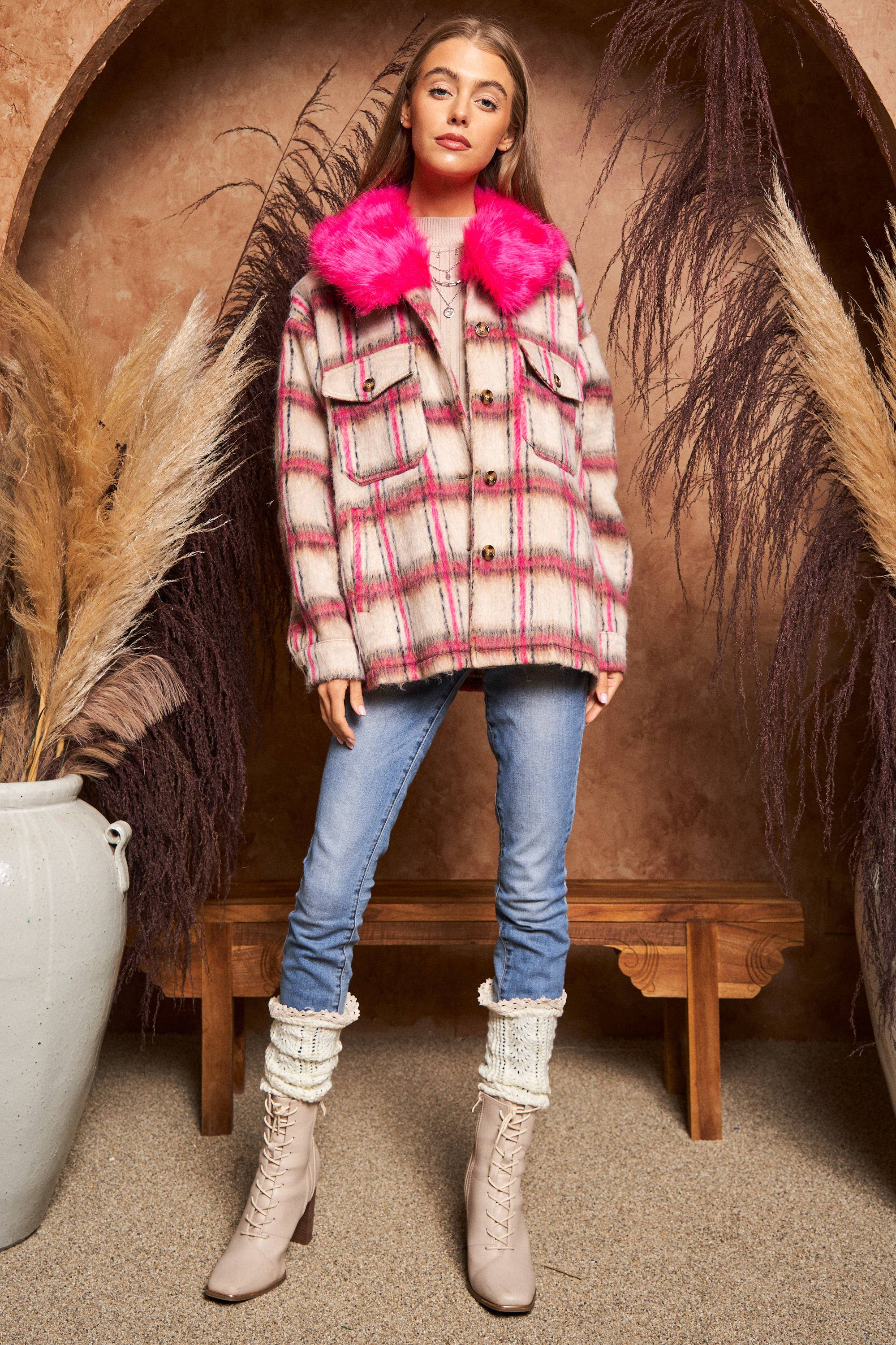 HOT PINK BEIGE PLUS MULTI PLAID FUR COLLAR SEPARATELY JACKET for wholesale on Faire9