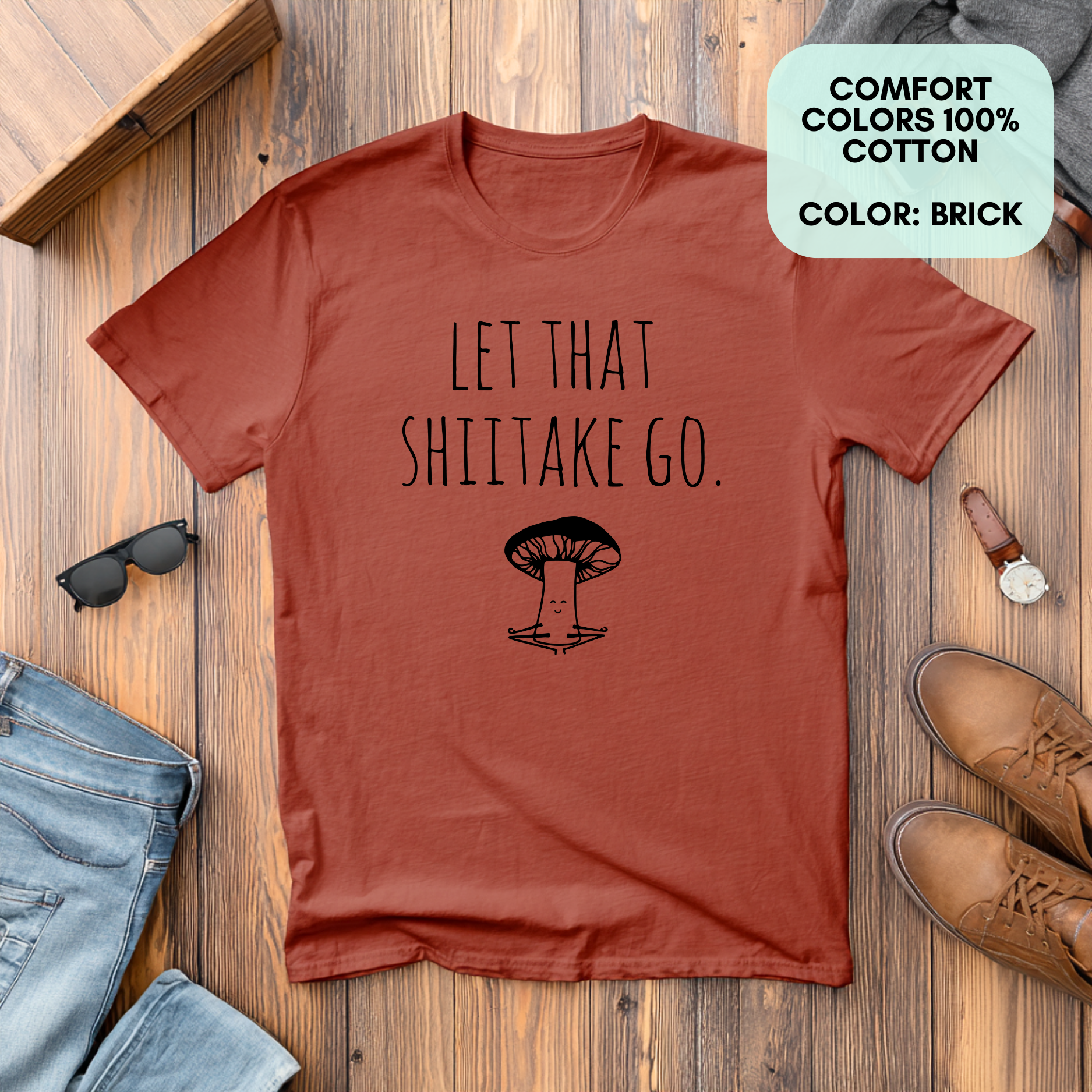 Moonlight Makers - Wholesale T-shirt met print - Heren - Let That Shiitake Go - Grappig T-shirt voor heren - Mushroom, Yoga11