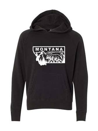 Felpa con cappuccio Grizzly Bear Montana nera con bianco per la vendita all'ingrosso da parte di Montana Tees