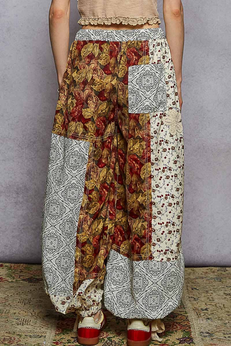 Pol Clothing - Wholesale Pants - Women's - Crochet patch detail contrast patchwork printed woven pants10