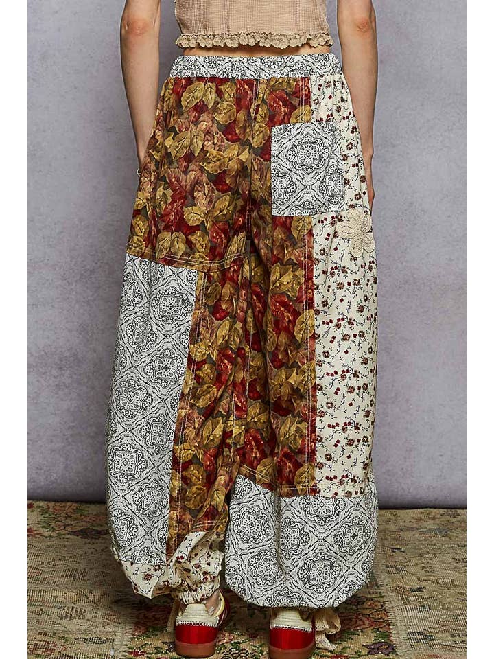 Pol Clothing - Wholesale Pants - Women's - Crochet patch detail contrast patchwork printed woven pants10