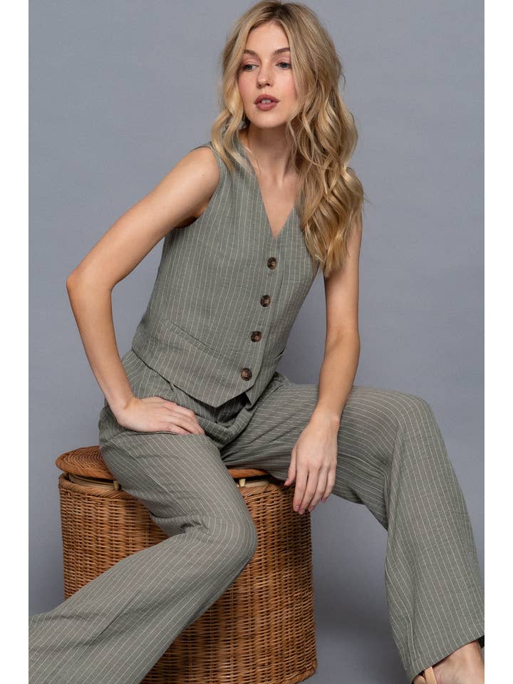 Active Basic | Active USA - Wholesale Suit Vest - Women's - V-Neckline Front Button Closure Linen Effect Vest