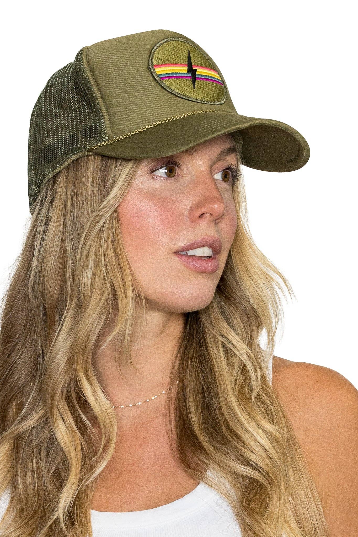 Electric Rainbow Trucker Hat in Olive for wholesale on Faire3