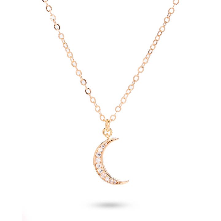 Collier Lune Croissant en Cristal CZ Plaqué Or pour la vente par Edgy Petal Jewelry