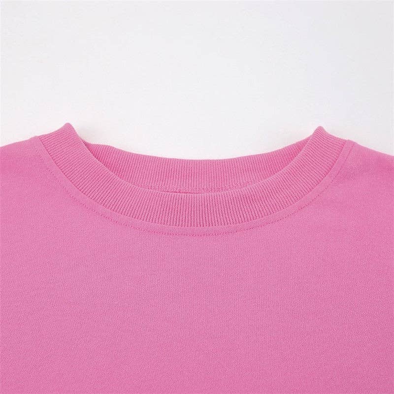 CANDY PINK Solid Color Loose Round Neck Long Sleeve Tshirt for wholesale on Faire8