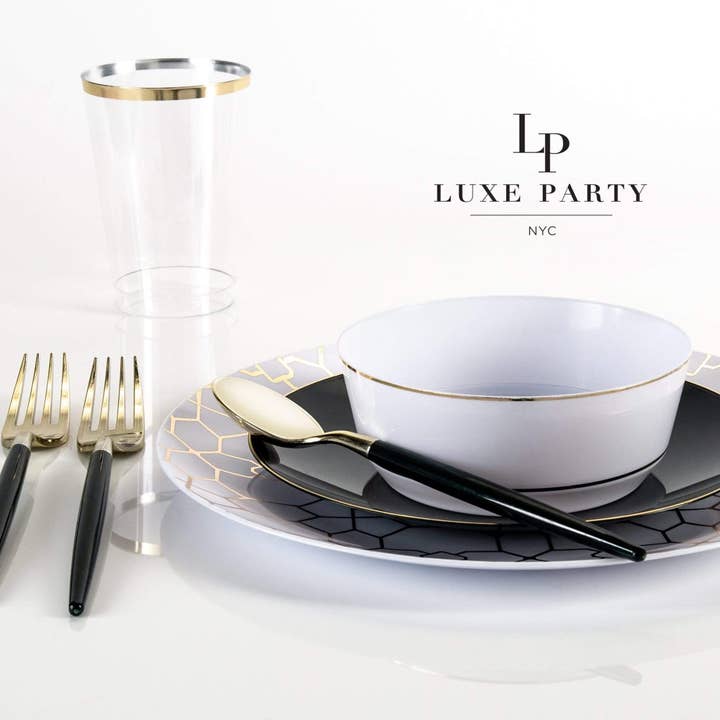 Luxe Party - Wholesale Disposable Plate - Round Black • Gold Plastic Plates | 10 Pack