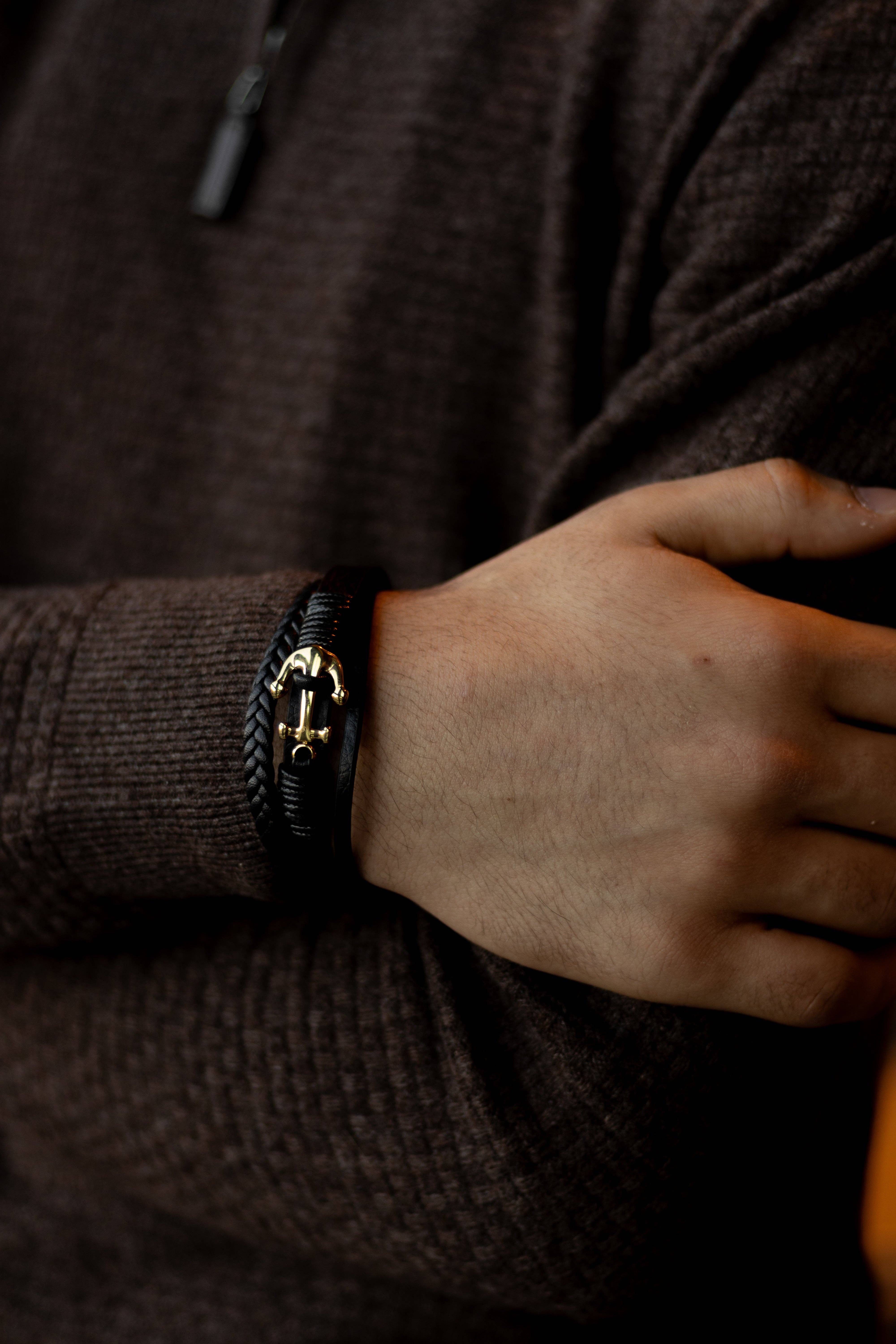 Sedy Jewelry - Wholesale Cuff Bracelet - Men’s Leather Bracelet with Gold-Tone Stainless Steel 1