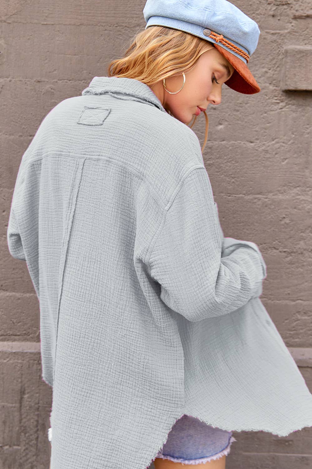 La Miel - Wholesale Button Down Shirt - Women's - SRT7448-Soft Washed Crinkled Gauze Button Down Shirts23