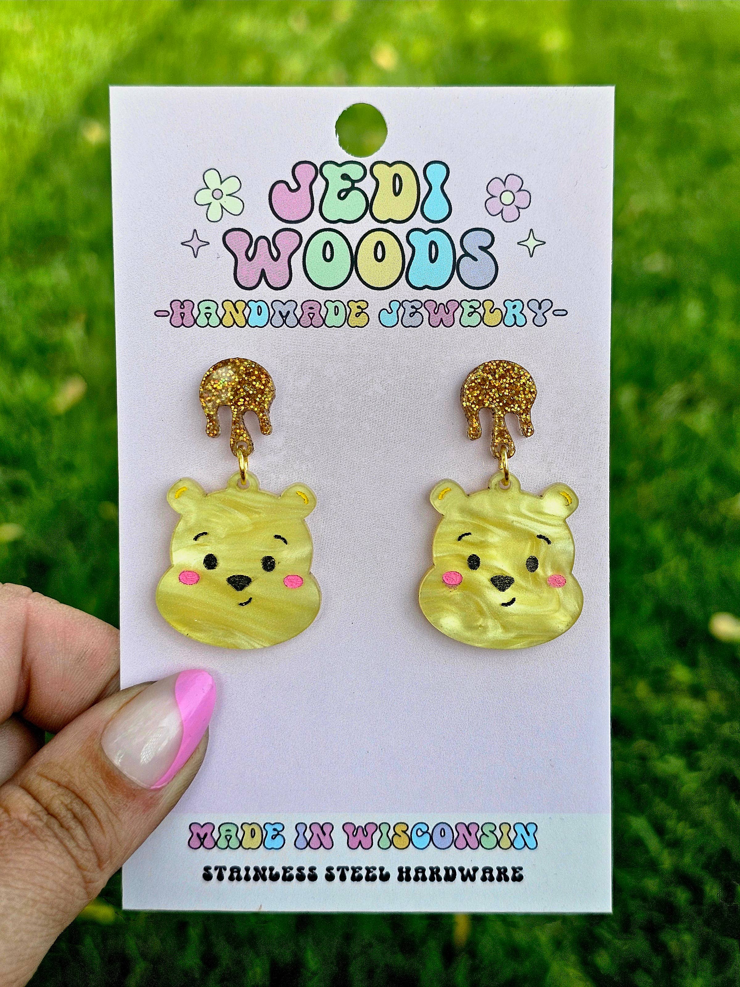 Jedi Woods LLC - Wholesale Dangle Earrings - Pooh Bear Earrings with Golden Hunny Topper3