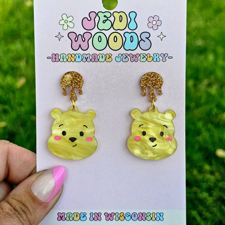 Jedi Woods LLC - Wholesale Dangle Earrings - Pooh Bear Earrings with Golden Hunny Topper3