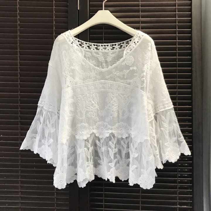 White Crosa - Floral Bell Sleeve Pullover for wholesale on Faire