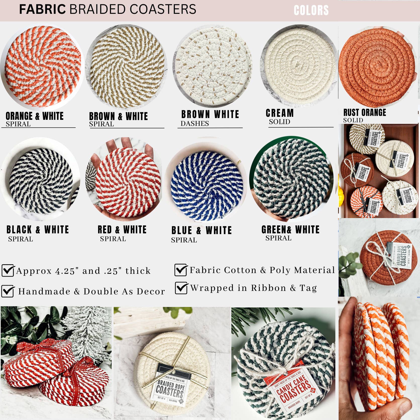 Gia Roma - Wholesale Coasters - Christmas Coasters, Red Candy Cane Braided Cotton Fabric Set1