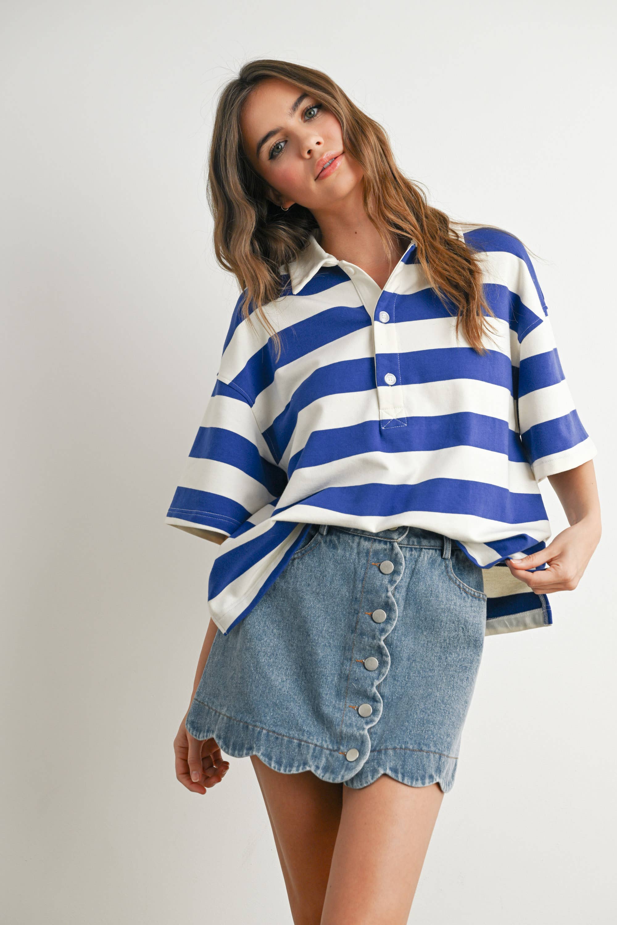BUTTERMELON - Wholesale Polo - Women's - Striped Oversized Polo Shirt - BMT771034