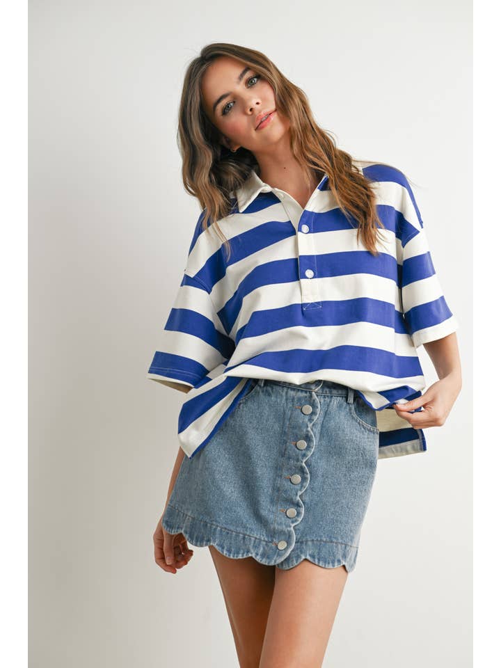 BUTTERMELON - Wholesale Polo - Women's - Striped Oversized Polo Shirt - BMT771034